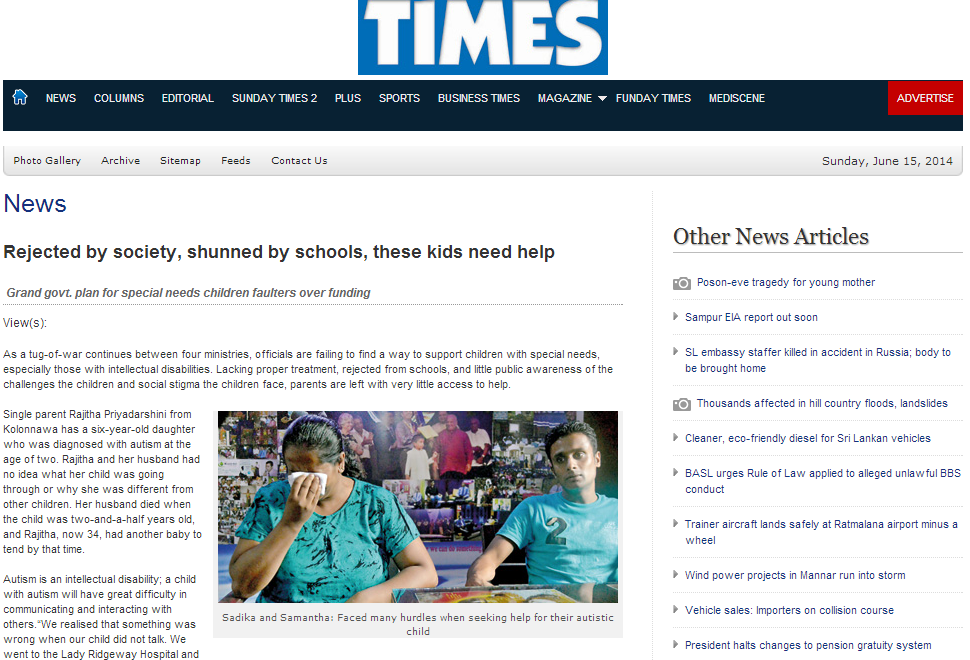 Rejected by society, shunned by schools, these kids need help - The Sunday Times (Sunday, June 15, 2014)